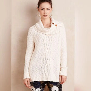 Anthropologie Moth Cream Knit Turtleneck Long Sweater